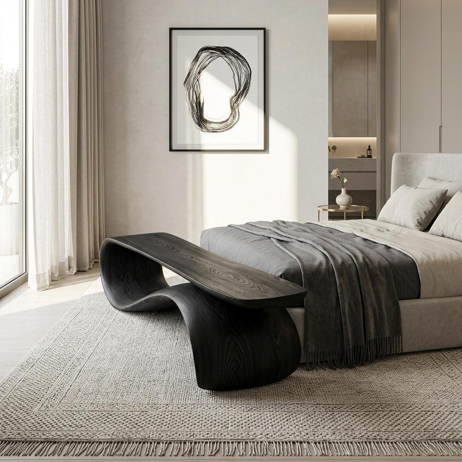 Modern Sculptural Wood Bench, Contemporary Entryway Hallway Seating, Unique Timber Dining Accent Bench