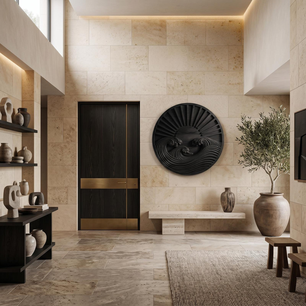 Round Wooden Wall Art with Carved Sun and Waves, Handcrafted Solid Wood Circular Relief Sculpture for Bedroom Decor