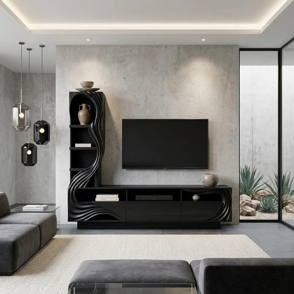 Modern Sculptural Wooden TV Console With Storage For Living Room