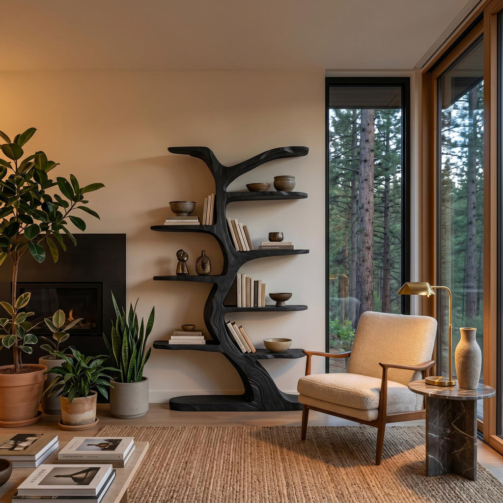 Modern Tree-Inspired Bookshelf, Handcrafted Wood Bookcase with Curved Branches for Living Room & Nursery Decor