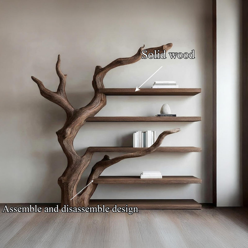 Rustic Tree-Inspired Floating Wall Shelf, Wood Branch Book & Plant Display Shelving