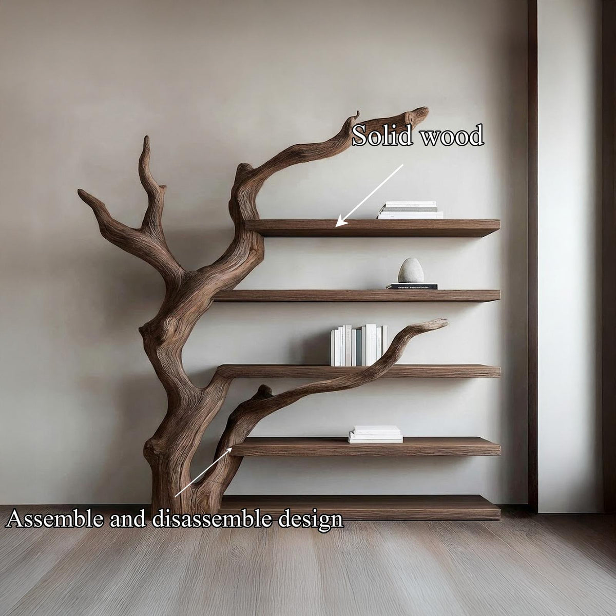 Rustic Tree-Inspired Floating Wall Shelf, Wood Branch Book & Plant Display Shelving