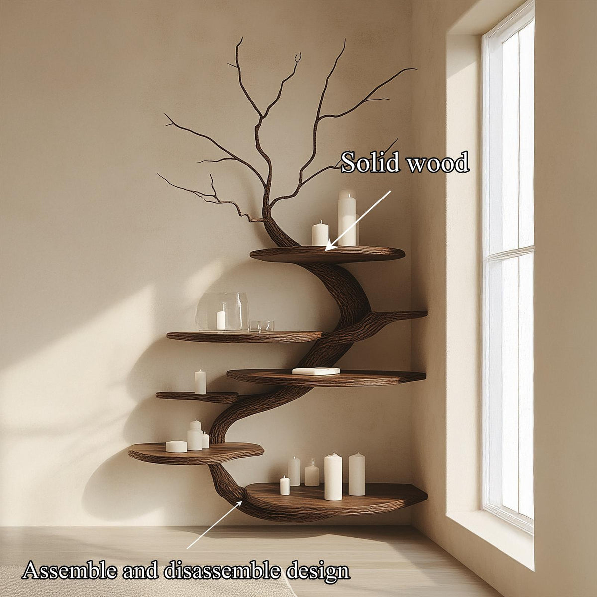 Organic Modern Wall Mounted Wood Display Shelf, Handcrafted Floating Bookcase for Bedroom Living Room Wall Decor