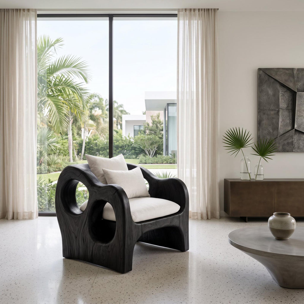 Artistic Sculpted Wooden Armchair, Mid-Century Modern Accent Lounge Chair for Living Room, Model