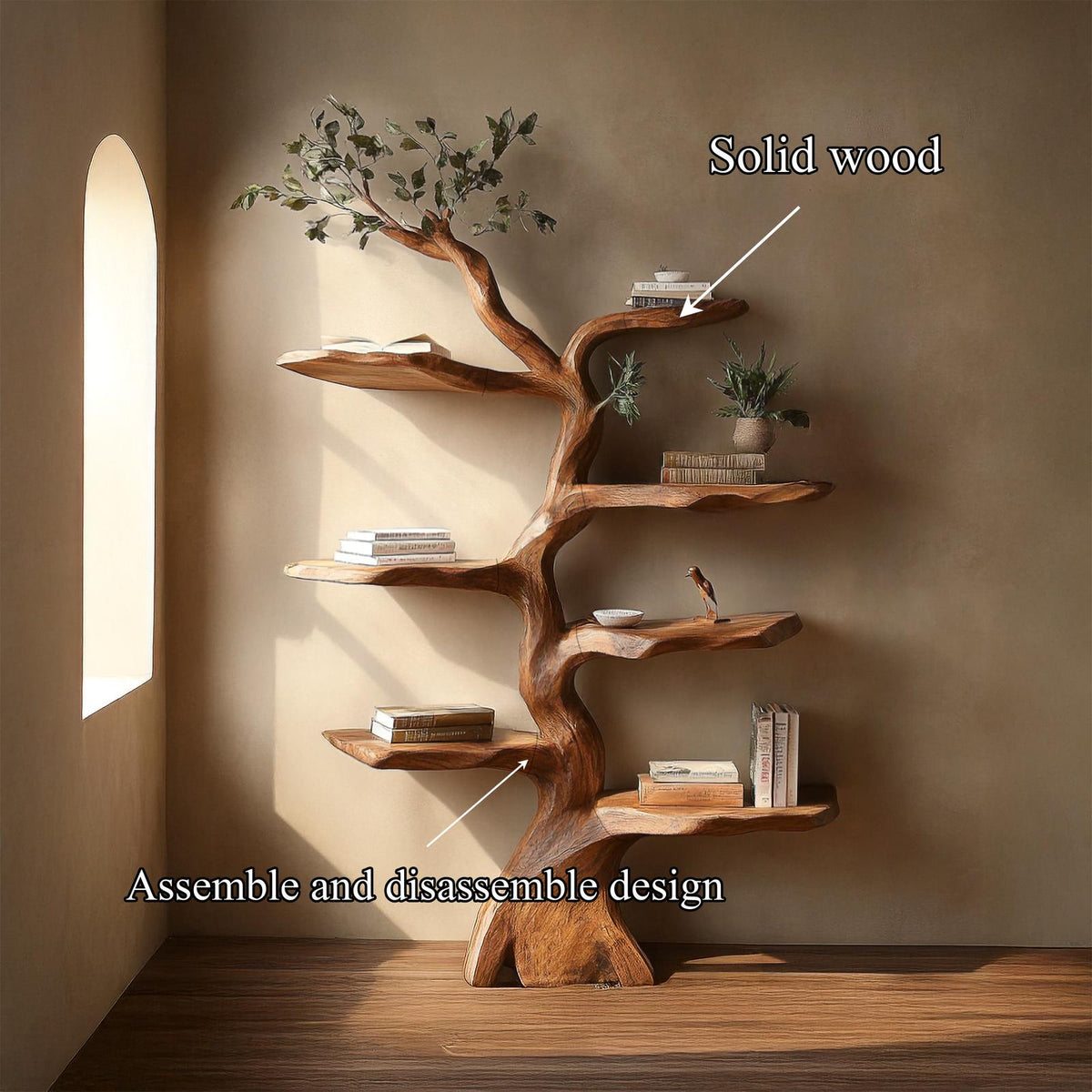 Rustic Sculptural Branch Bookcase, Space-Saving Solid Wood Tree Storage Rack for Living Room Interiors