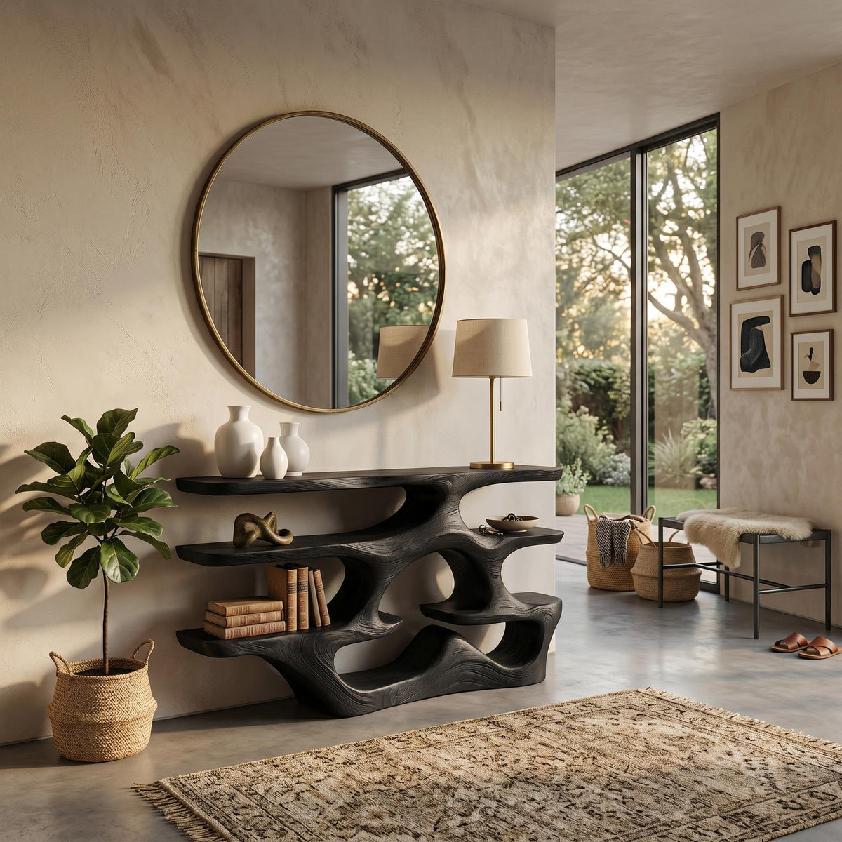 Wooden Console Table With Multi Level Shelves For Living Room