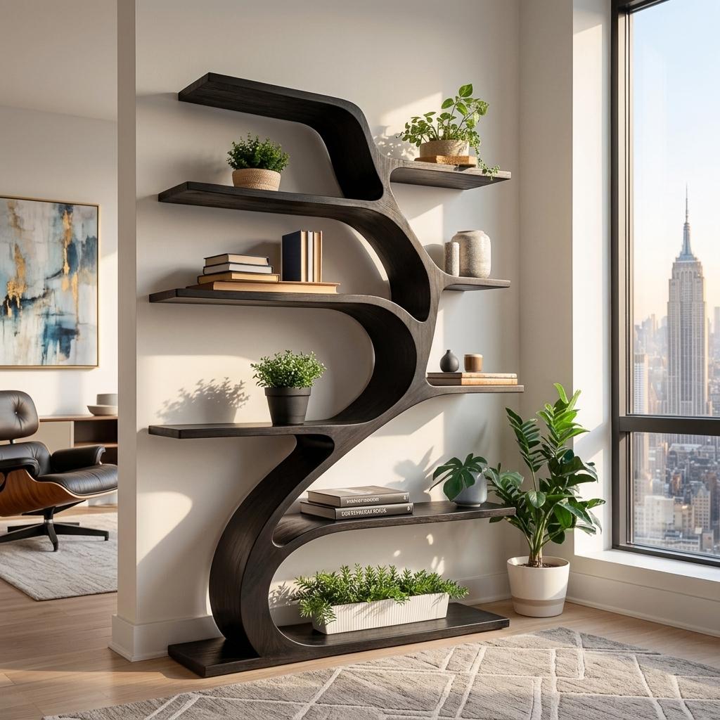 Minimal Natural Wood Bookshelf with Branch Design, Handcrafted Solid Wood Bookcase for Modern Living Room & Office