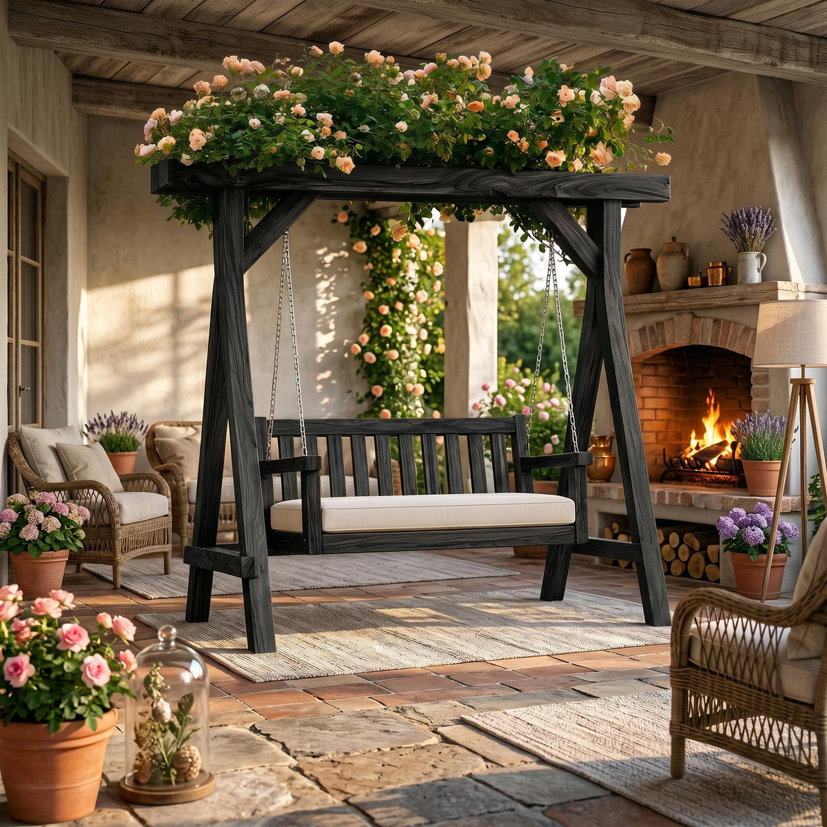 Elegant Wooden Swing With Planter Frame