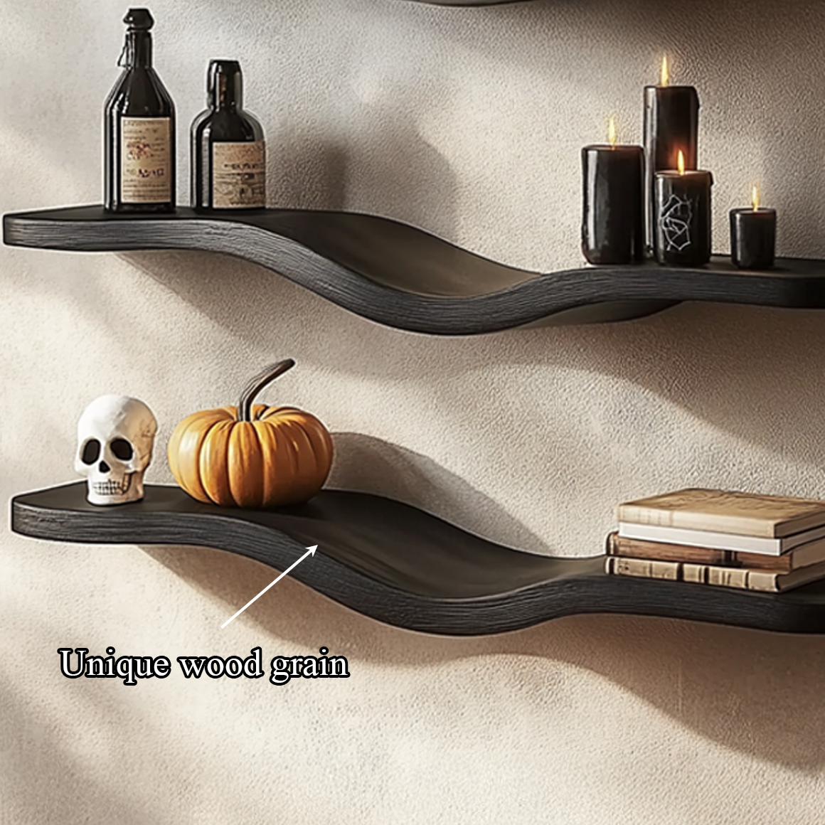 Mid Century Halloween Wavy Floating Shelf, Modern Solid Wood Curved Wall Shelf Organizer for Living Room Decor