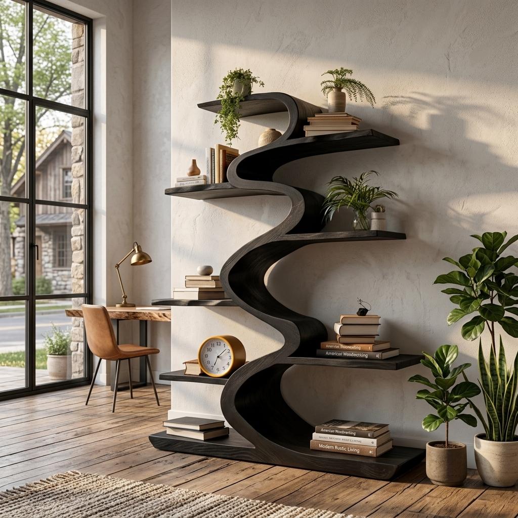 Modern Wooden Bookshelf with Flowing Form, Handcrafted Solid Wood Bookcase for Living Room & Home Library Display