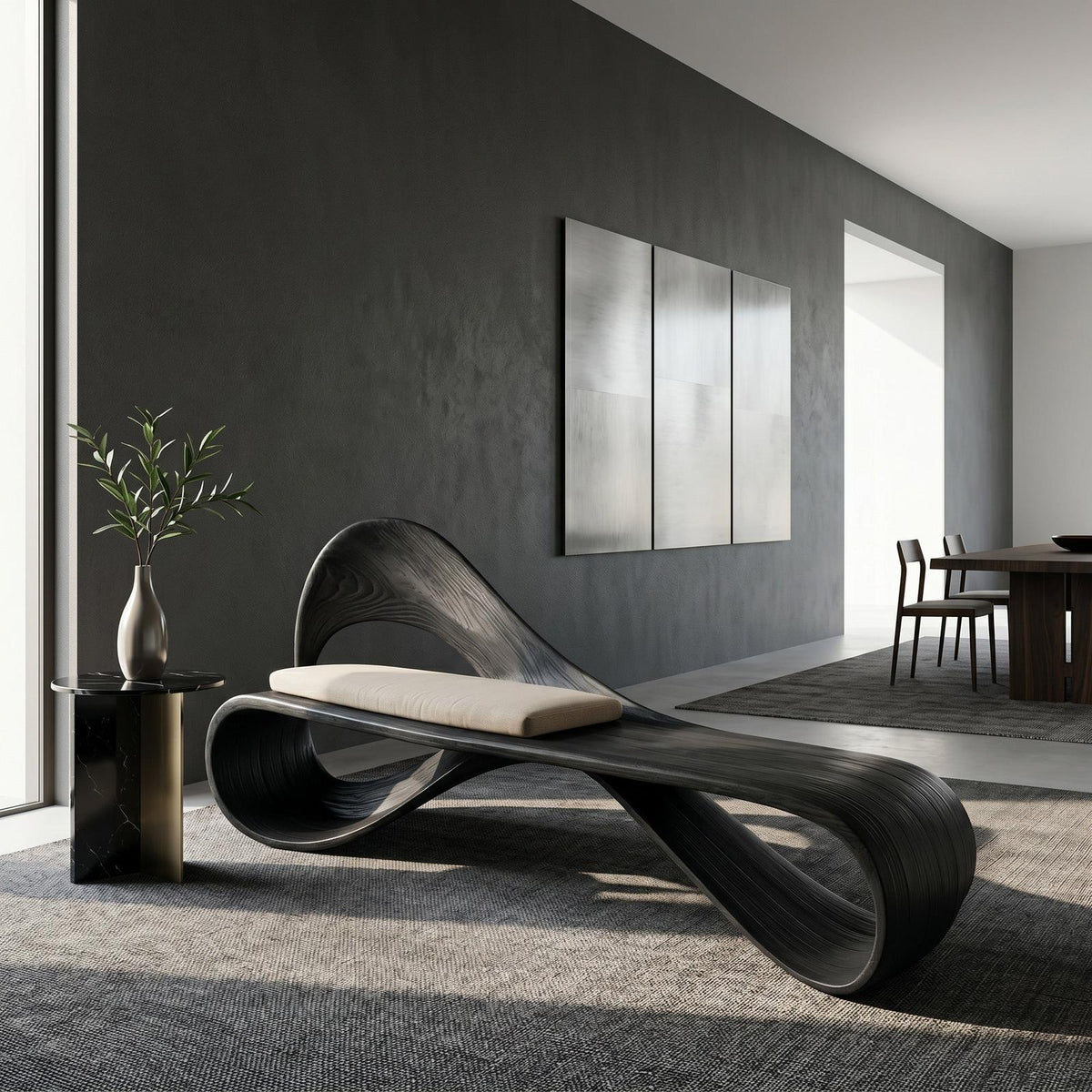 Modern Wooden Bench With Sculptural Curved Backrest For Reading Nook