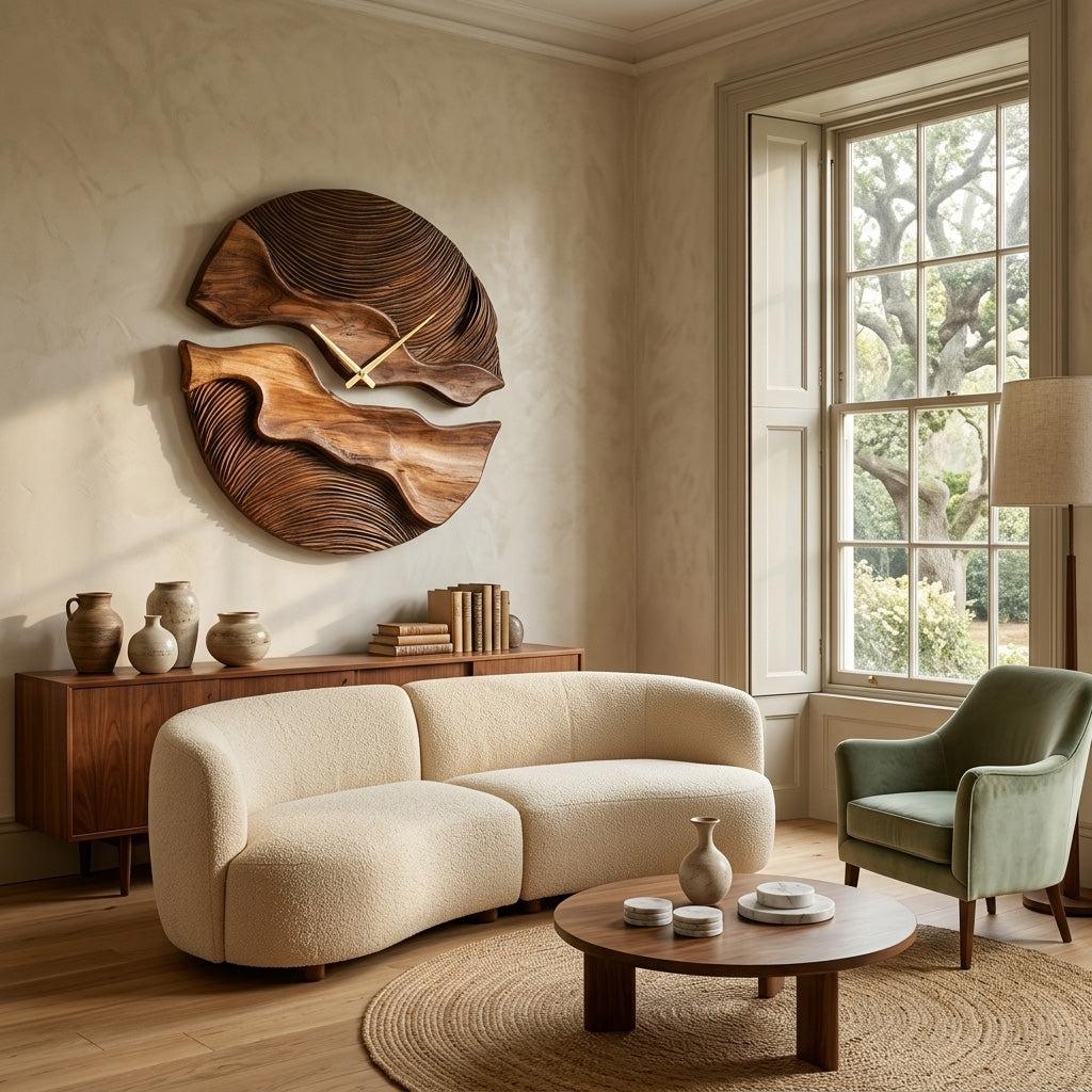 Organic Wooden Wall Clock, Handcrafted Unique Shape Solid Wood Timepiece for Designer Living Room