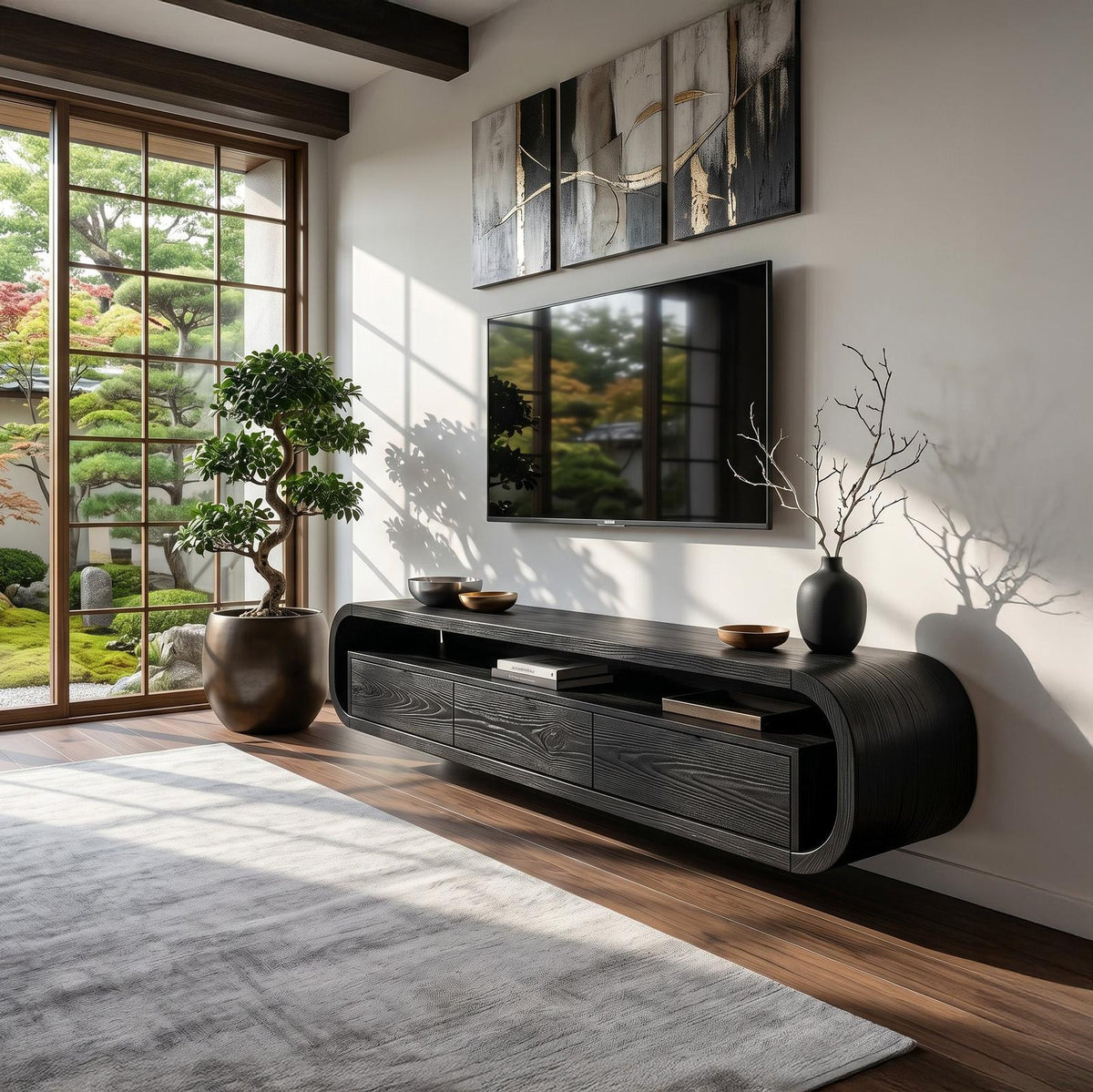 Modern Wooden Floating TV Stand For Living Room Storage
