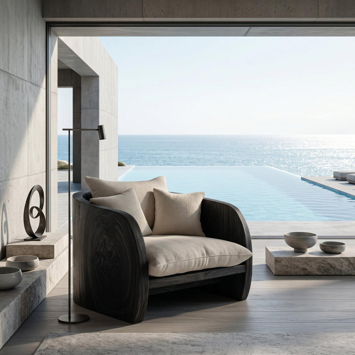 Modern Sculptural Armchair With Wrap-Around Backrest For Reading Corner