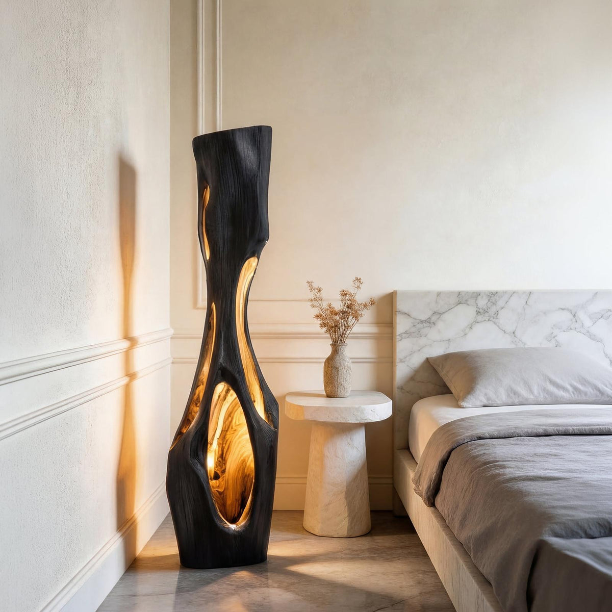 Spry Interior Modern Sculptural Wood Table Lamp, Handcrafted Geometric Ambient Lighting Accent for Bedroom & Living Room Corner, SILDTTRLAM001