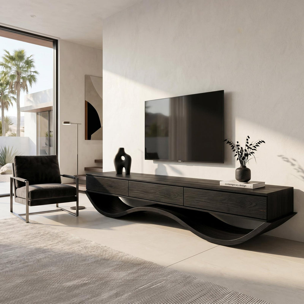 Modern Sculptural TV Console With Curved Base For Living Room