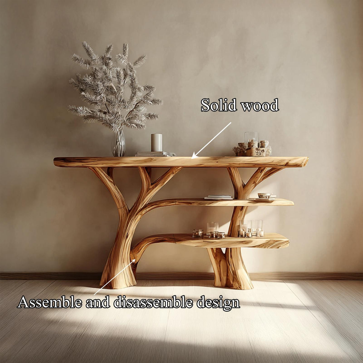 Rustic Tree Wood Console Table, Entryway & Living Room Handcrafted Solid Wood Accent Sofa Table, Model