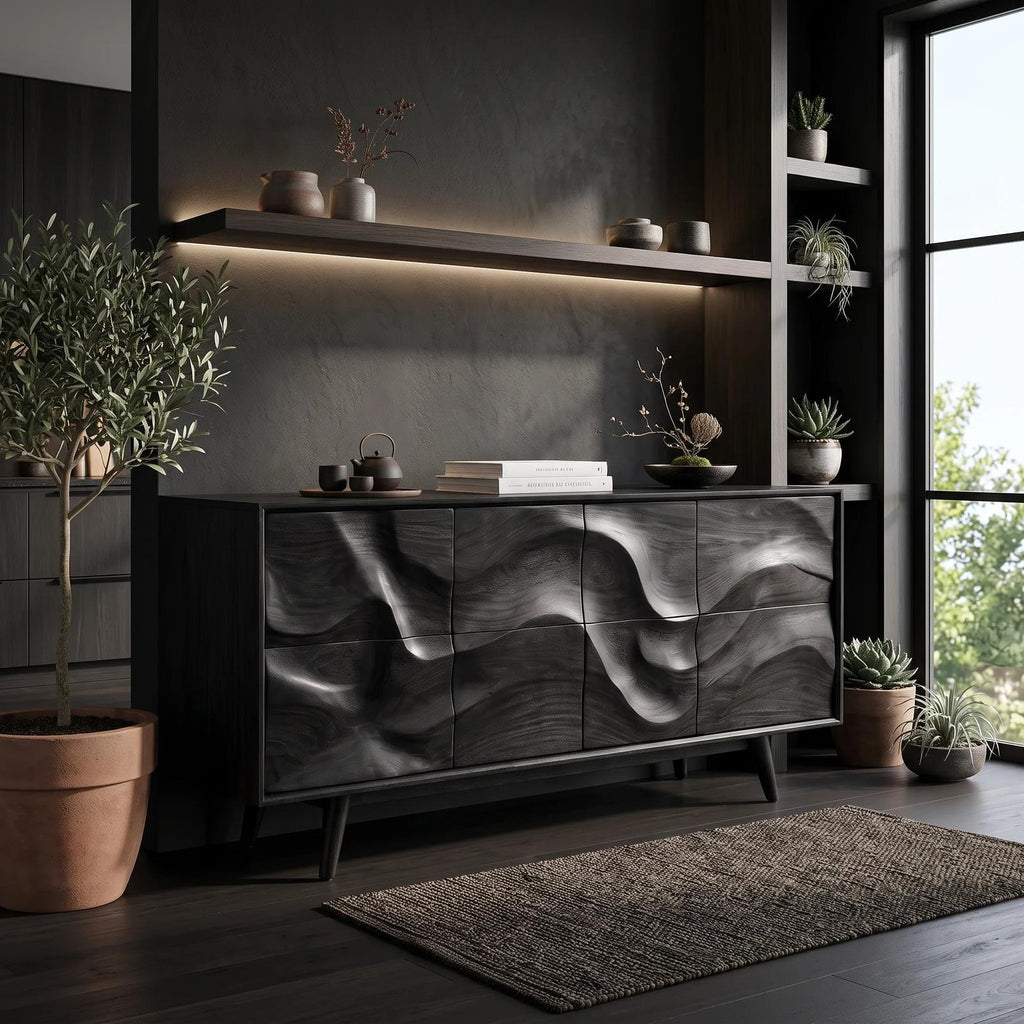 Mid Century Wave Carved Sideboard Living Room