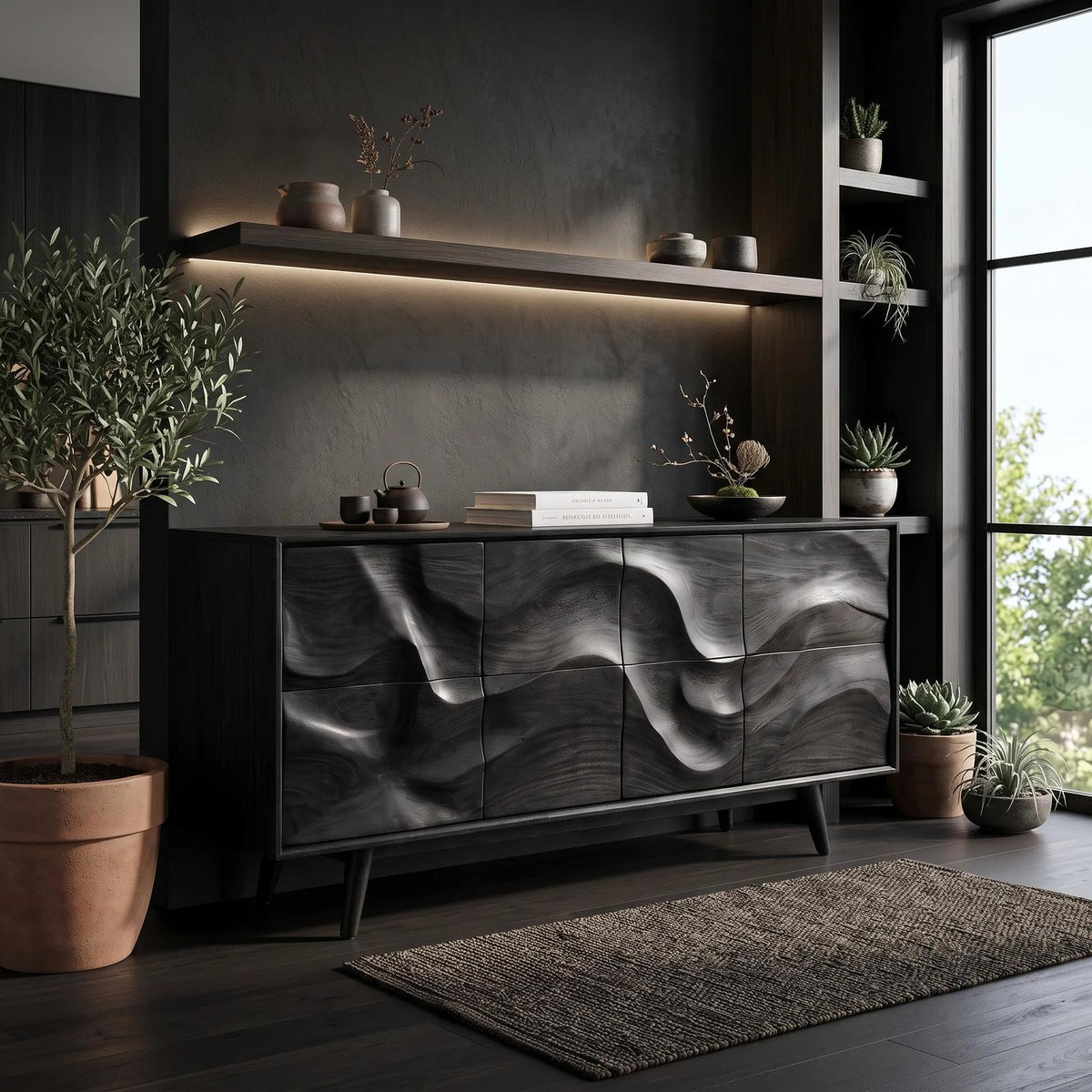 Mid Century Wave Carved Sideboard Living Room