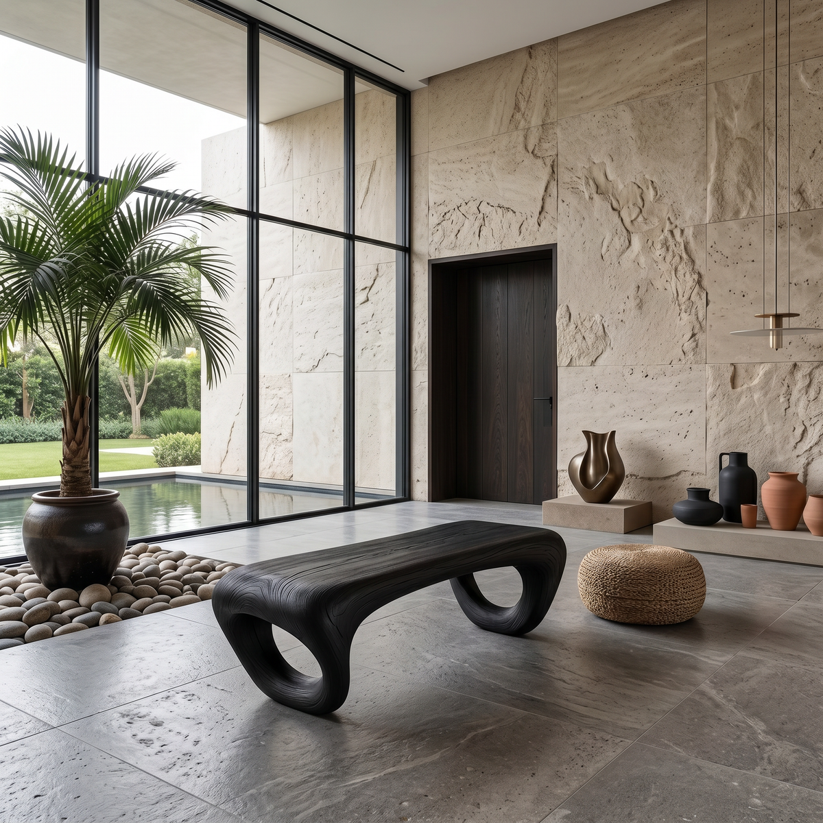 Modern Sculptural Outdoor Bench, Weather-Resistant Handcrafted Solid Wood Garden Patio Bench Seating & Park Furniture