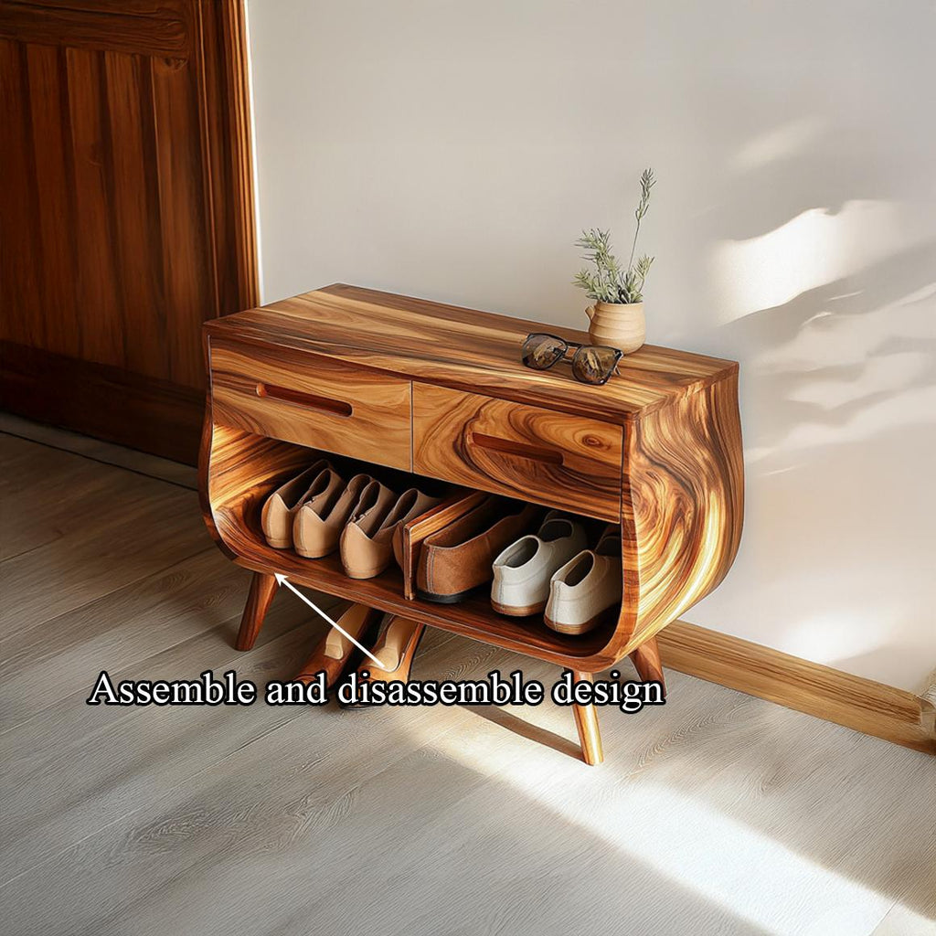 Mid Century Elegant Shoe Cabinet, Solid Wood Storage Organizer Bench with Shelves for Bedroom, Hallway Closet