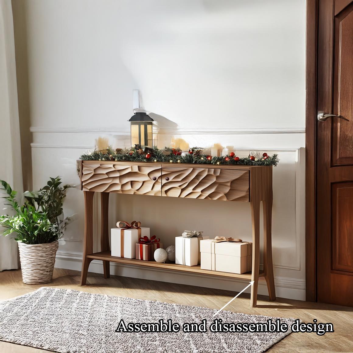 Mid Century Modern Carved Console Table, Handcrafted Solid Wood Foyer Display, Entryway & Living Room Decor