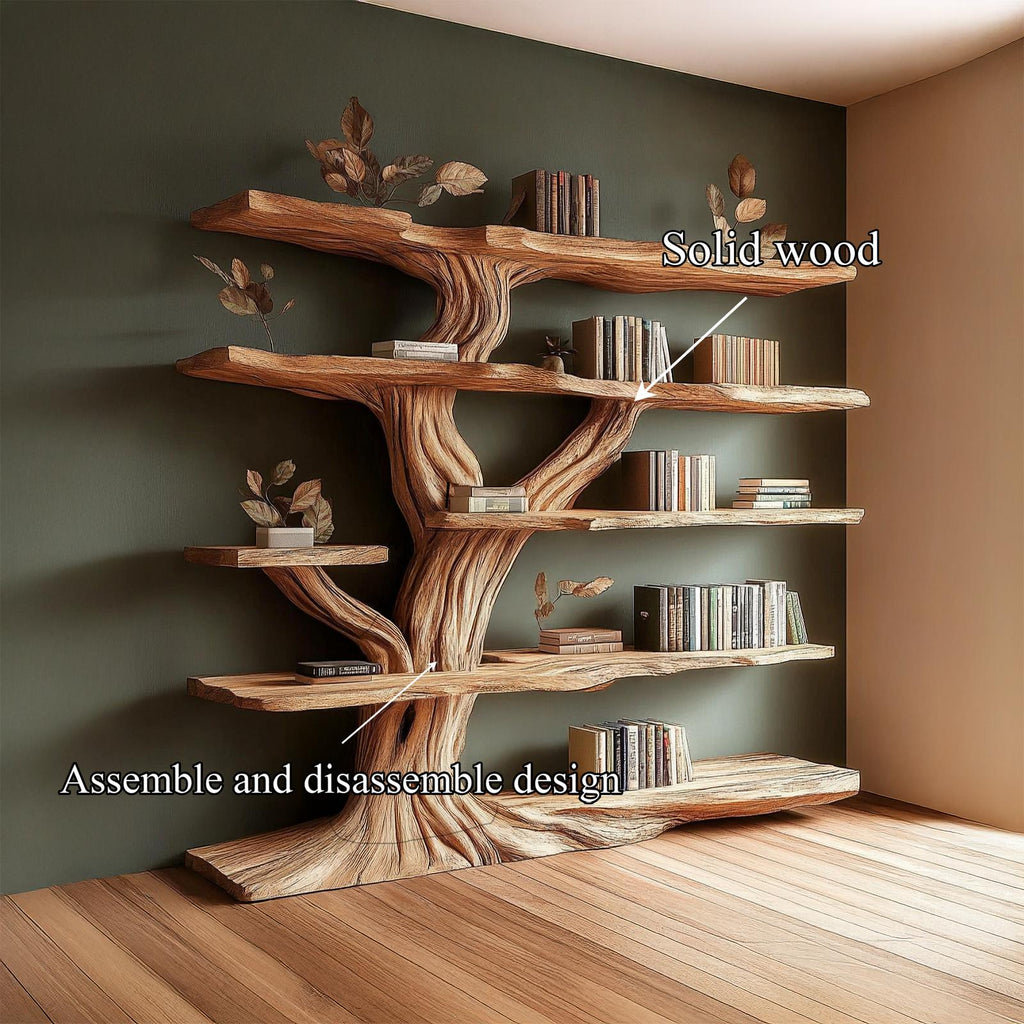Rustic Sculptural Wood Tree Bookshelf, Handcrafted Wall Mounted Branch Bookcase for Living Room Art Display