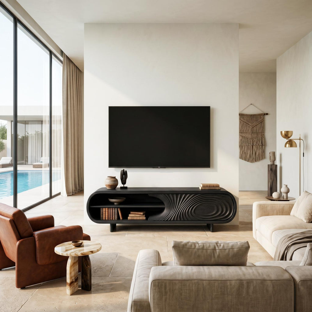 Modern Sculptural Wood TV Stand With Curved Grain Pattern For Living Room