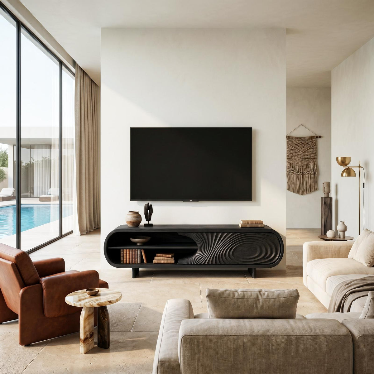 Modern Sculptural Wood TV Stand With Curved Grain Pattern For Living Room