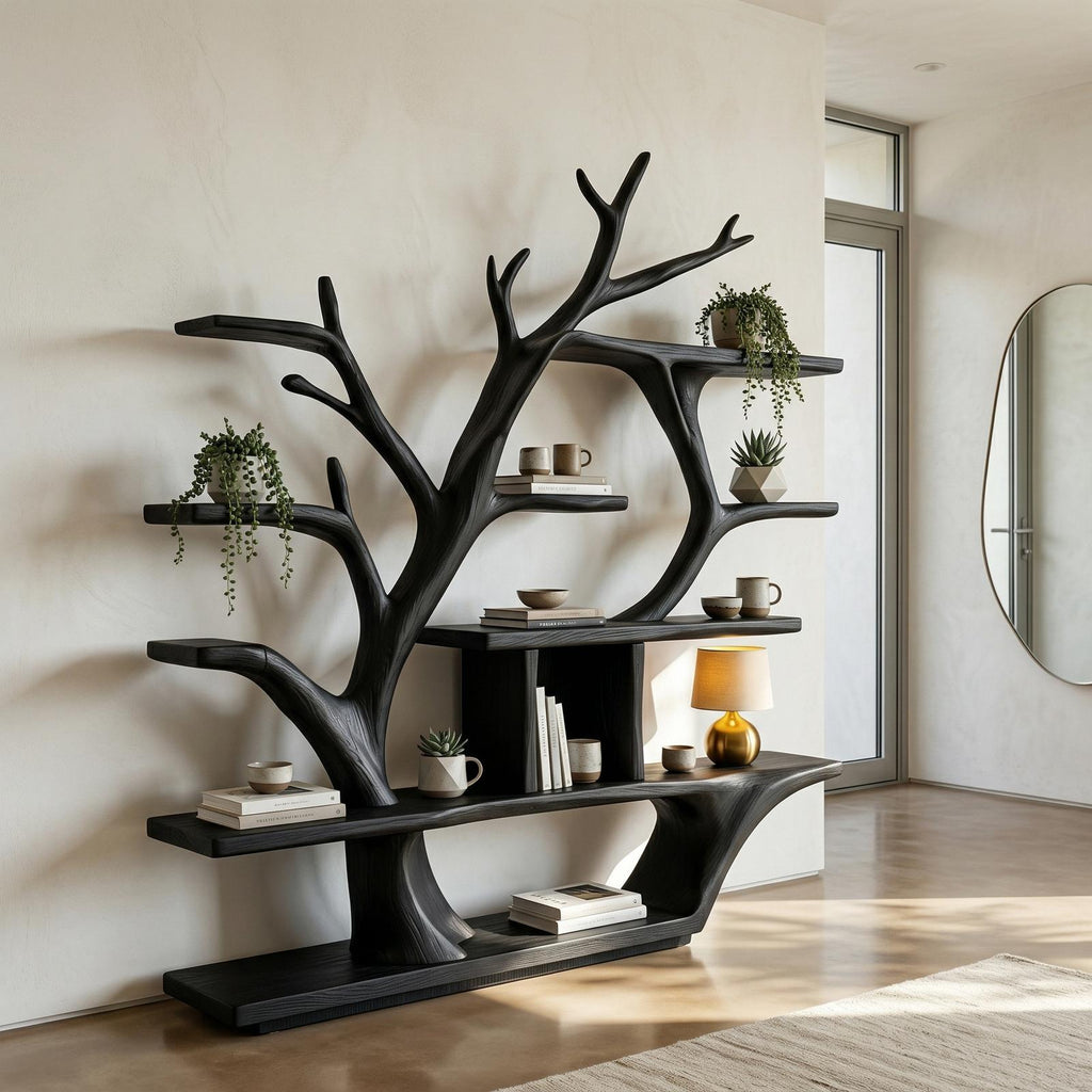 Modern Organic Tree Bookshelf, Solid Wood Branch Design Bookcase & Display Shelf for Living Room Decor