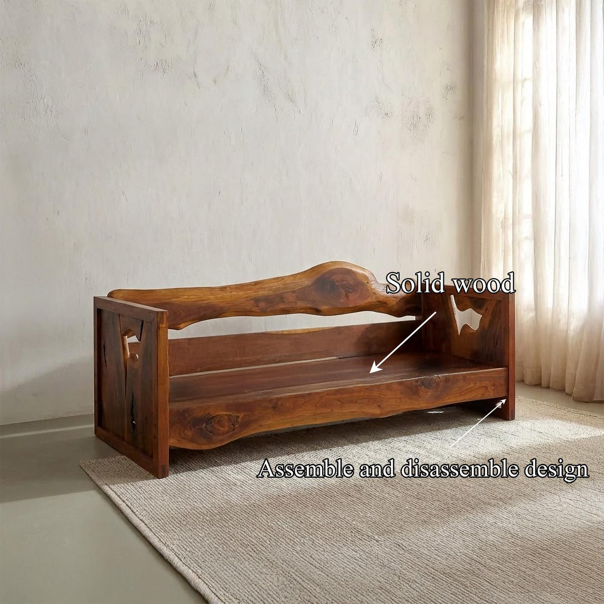 Rustic Solid Wood Sofa, Handcrafted Live Edge Natural Sculptural Couch/Daybed Frame for Living Room