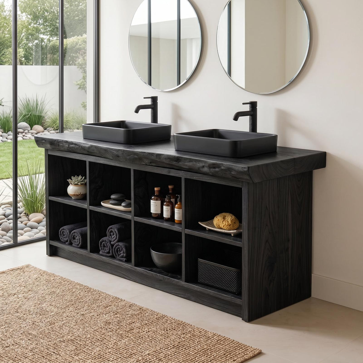 Double Sink Wood Bathroom Vanity with Open Shelves, Handcrafted Rustic Spa Style Solid Wooden Cabinet