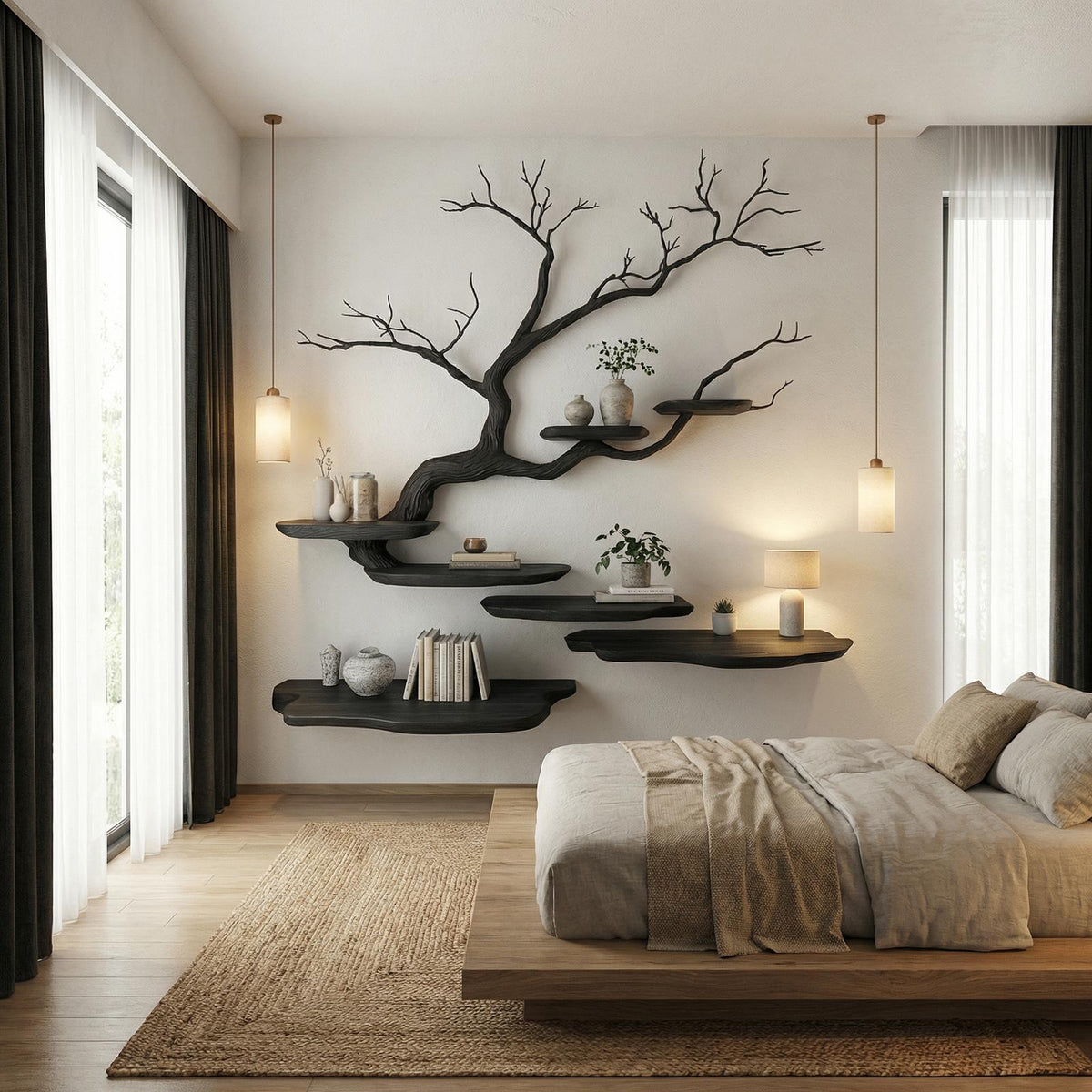 Rustic Tree Branch Wall Mounted Bookshelf For Living Room And Bedroom Space