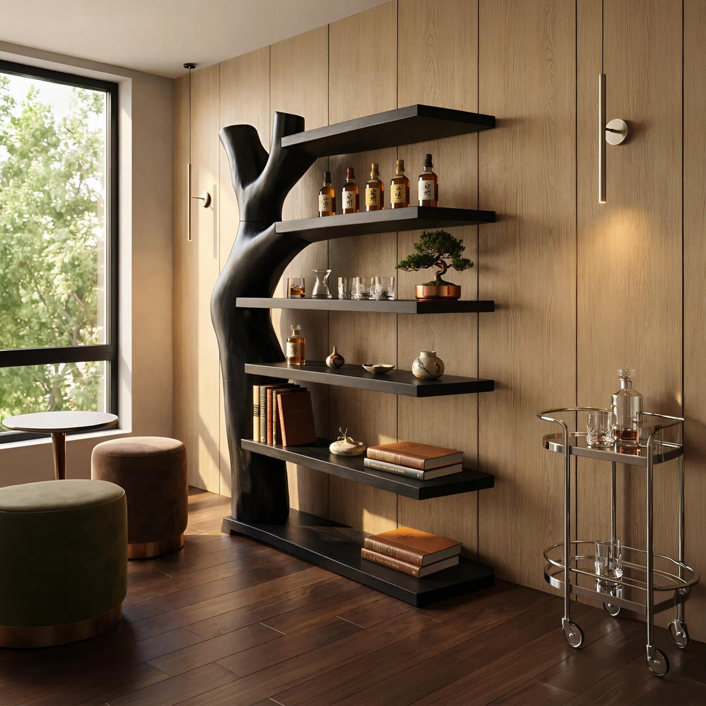 Modern Artistic Bookshelf, Unique Wood Display Organizer Unit, Books & Decorative Shelving for Living Room Office