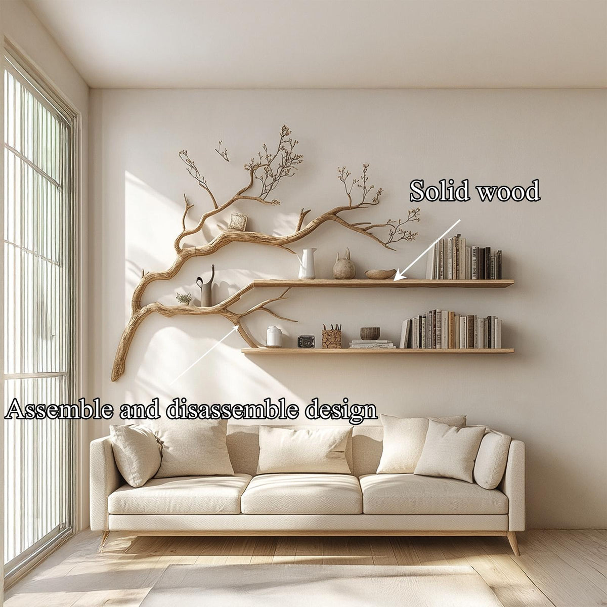 Rustic Organic Tree Display Shelf, Handcrafted Solid Wood Wall Mounted Bookshelf & Decorative Wall Art