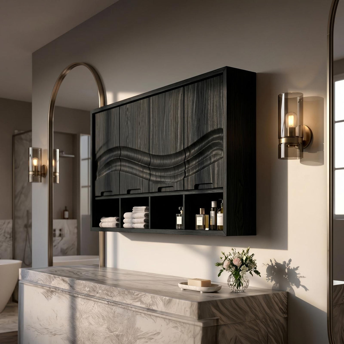 Spry Interior Coastal Wood Wave Front Bathroom Cabinet, Beach House Vanity & Restroom Storage Credenza, SILDTTRBRC007