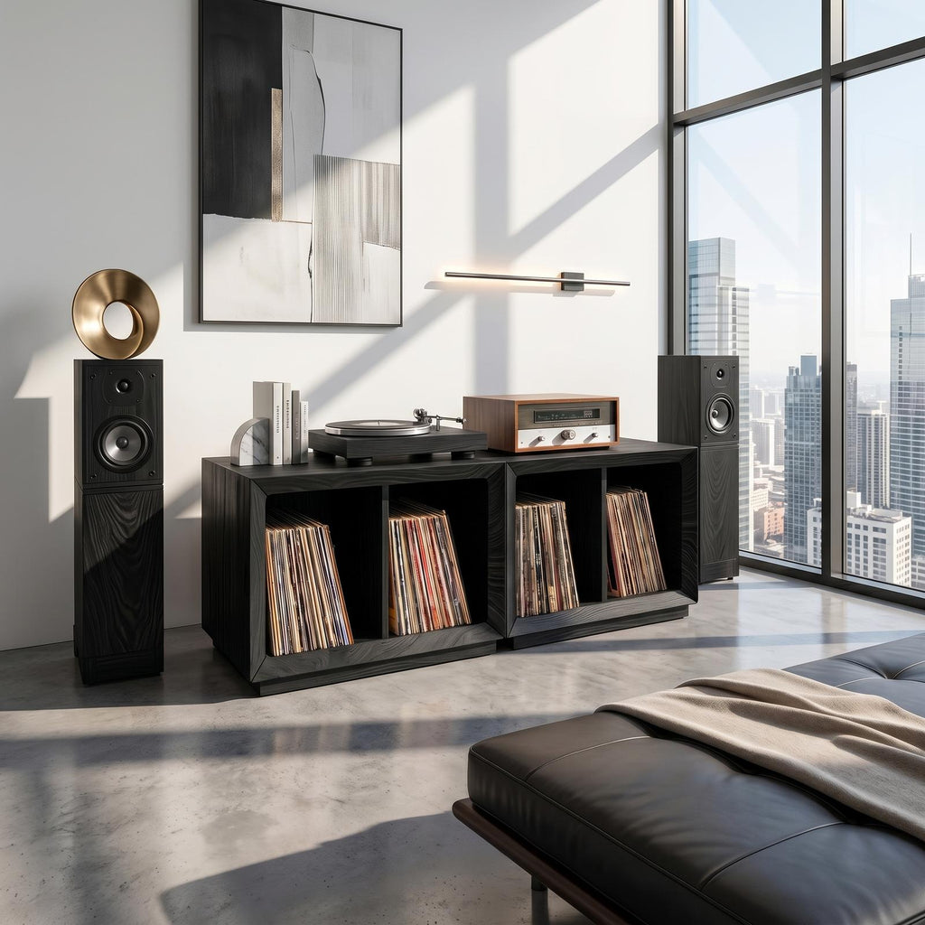 Contemporary Modular Wood Vinyl Storage Cabinet, Handcrafted LP Album Shelf Organizer for Audiophile Lounge, Model