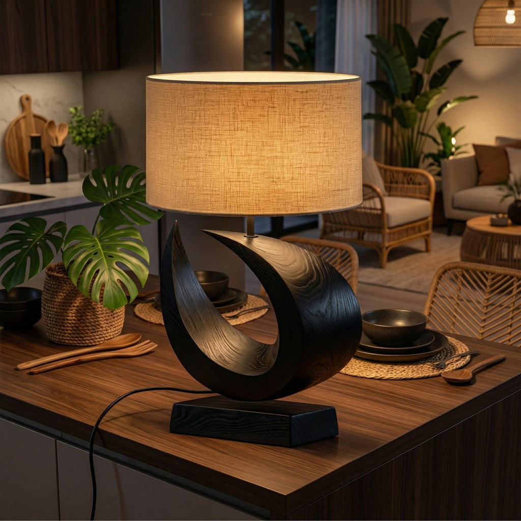 Coastal Artistic Table Lamp, Unique Wooden Driftwood Style Bedside Light for Bedroom & Living Room