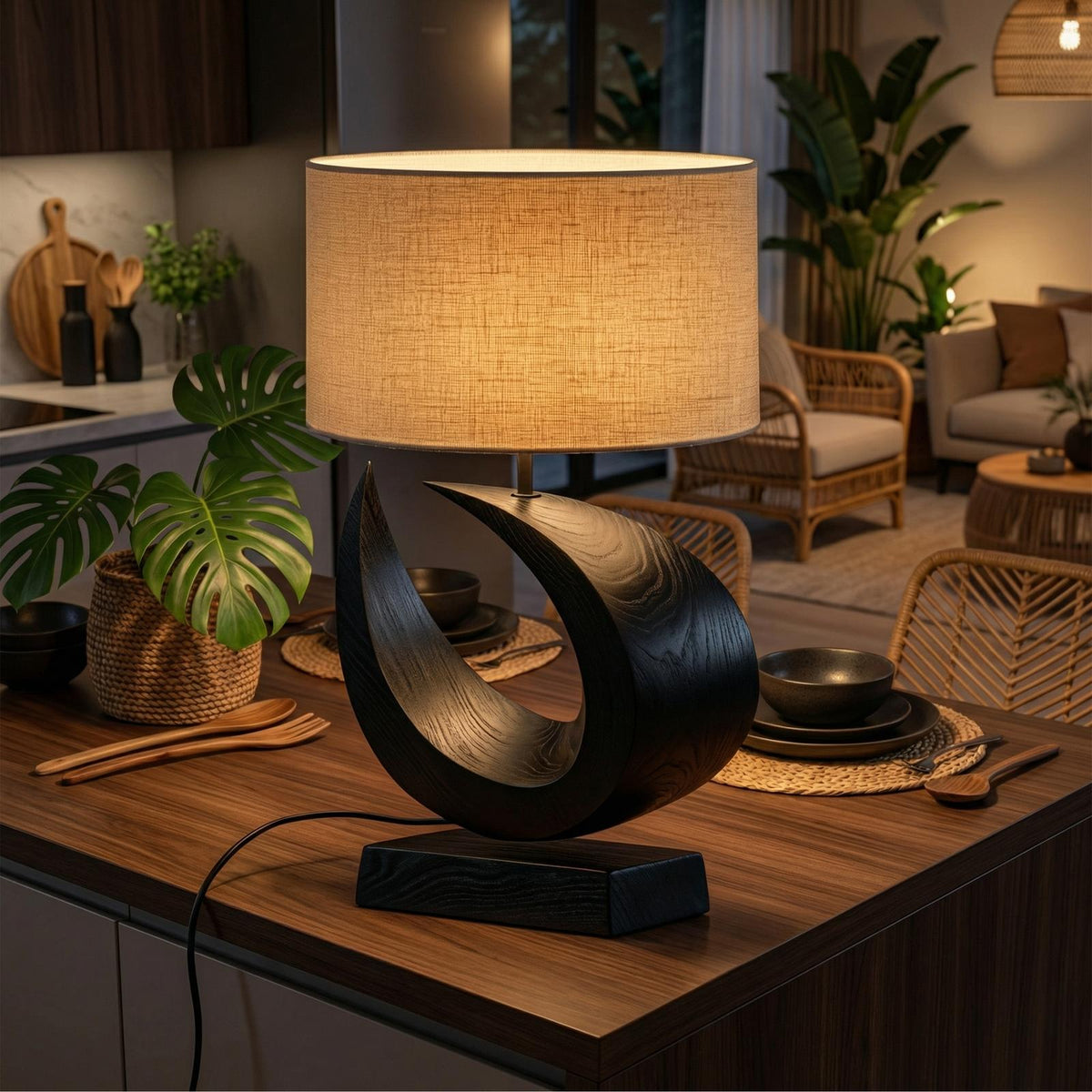 Coastal Artistic Table Lamp, Unique Wooden Driftwood Style Bedside Light for Bedroom & Living Room