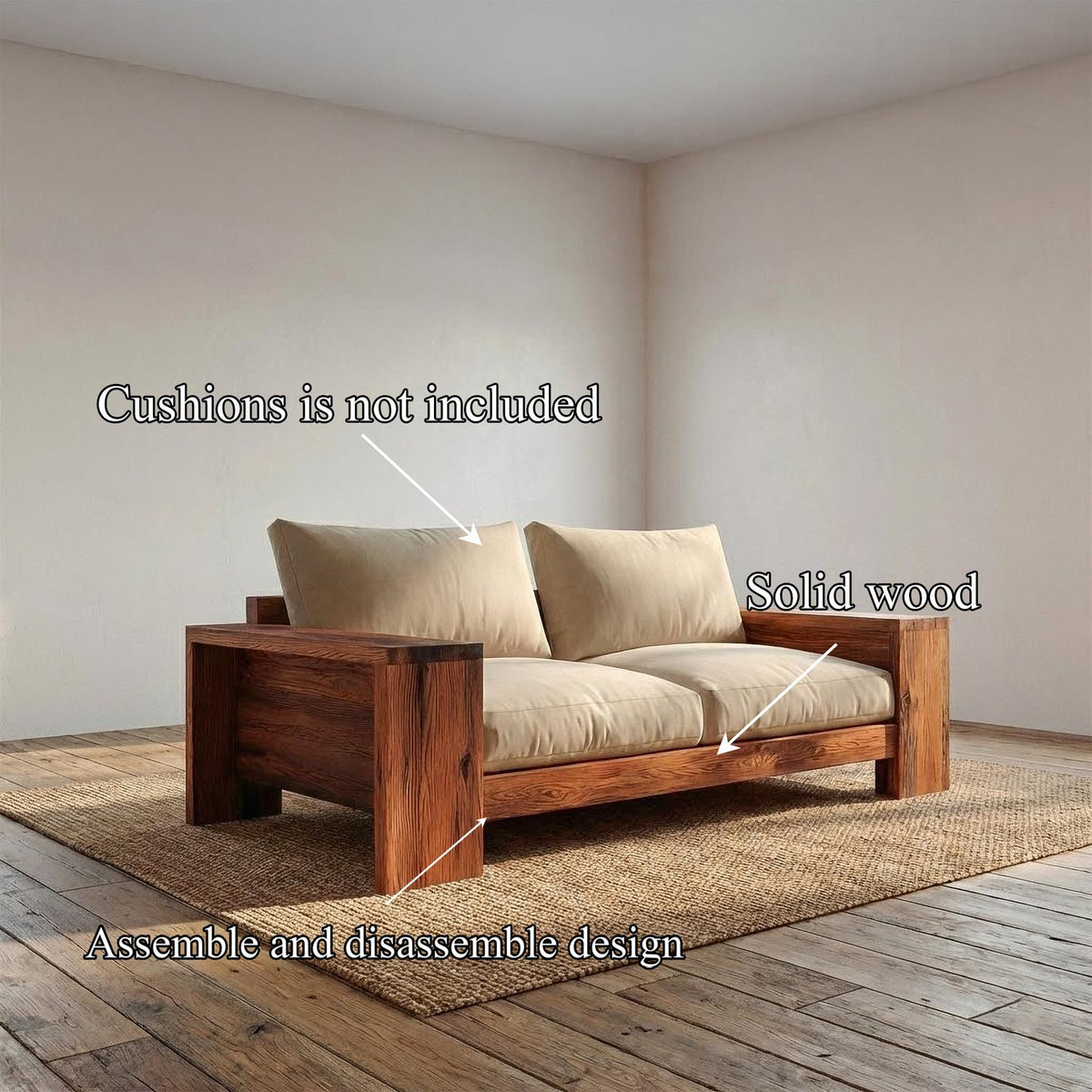 Rustic Solid Wood Sofa Living Room Minimalist Wooden Couch Interior Decor