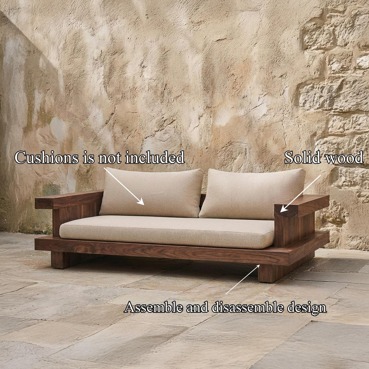 Minimal Platform Sofa Frame, Solid Wood Clean Low Arm Daybed/Couch Base for Living Room, Lounge Furniture