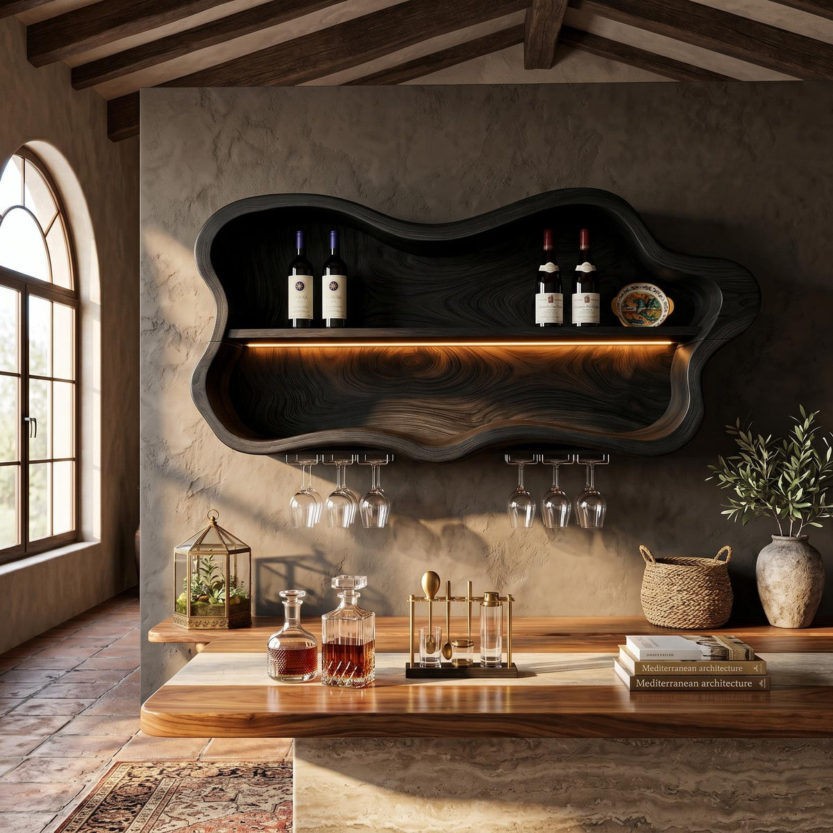 Modern Wood Wine Rack & Glass Holder, Solid Wooden Countertop Bottle Display Stand and Stemware Storage Hanger for Dining Area