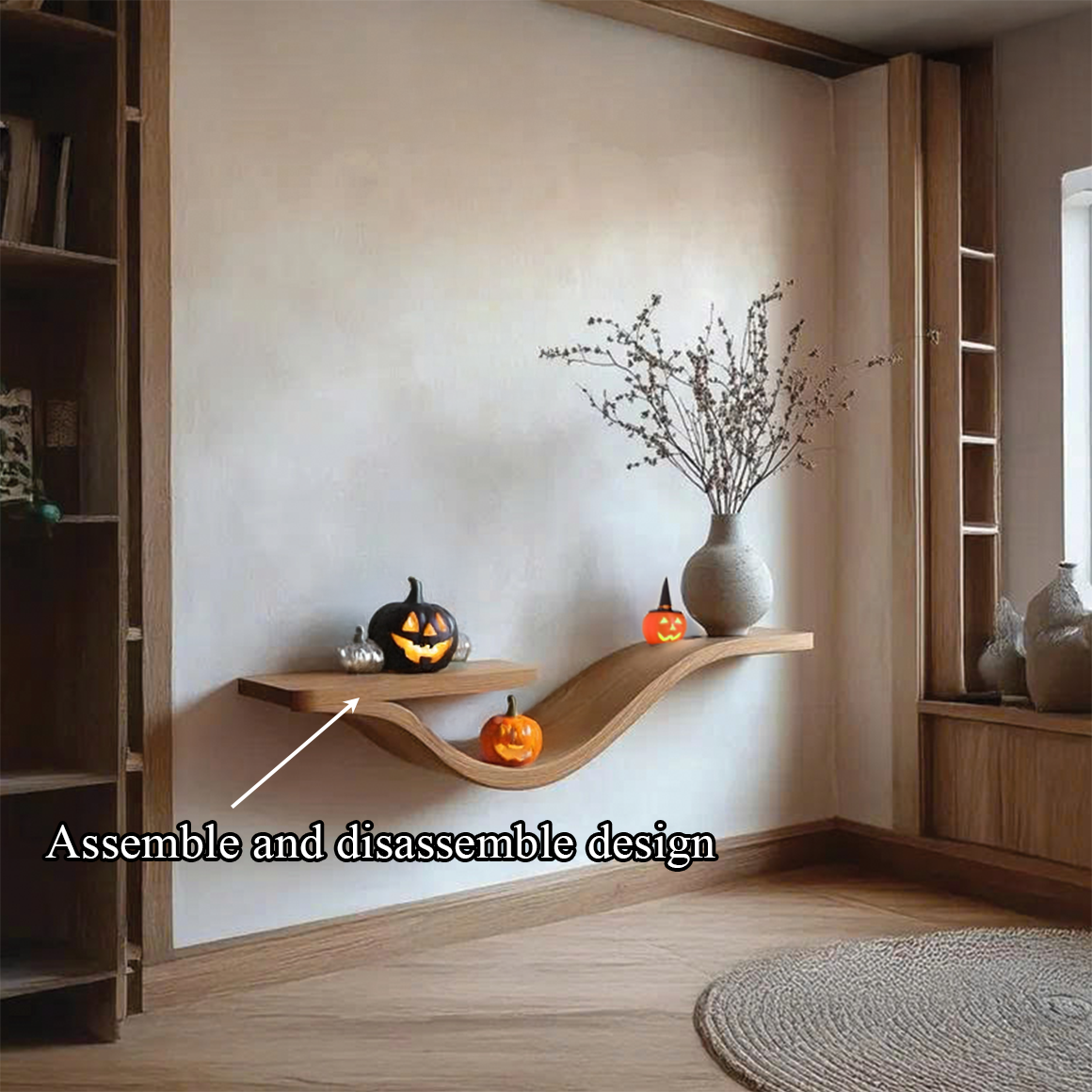 Mid-Century Curved Floating Shelf, Rustic Wooden Branch Wall Shelf, Spooky Gothic Bedroom Wall Decor Organizer
