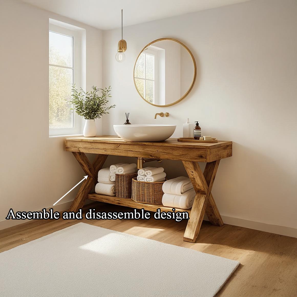 Spry Interior Rustic Bathroom Vanity Table, Solid Wood Single Washstand Cabinet for Farmhouse Bathroom Decor, Handcrafted Storage SINLSABRV199