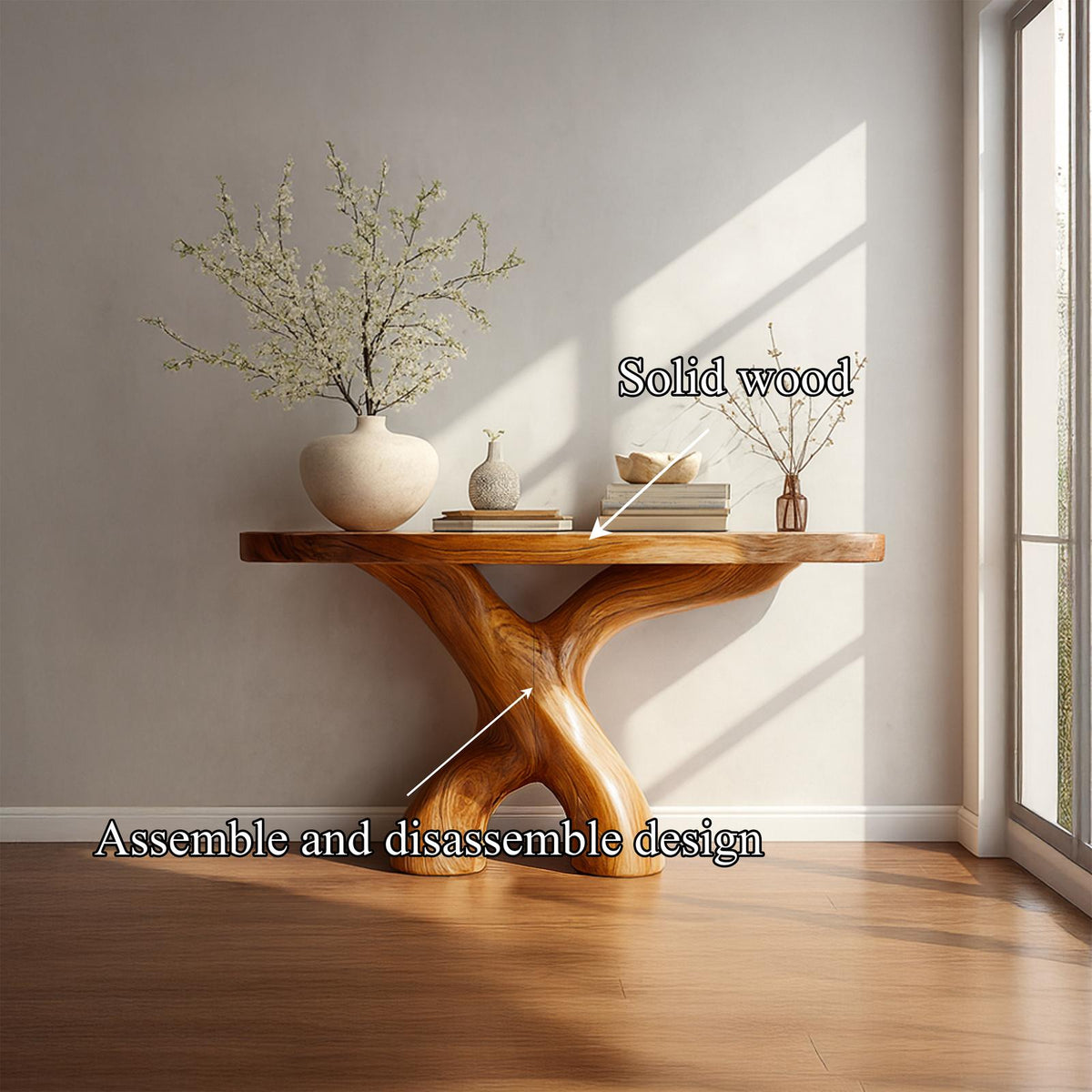 Mid Century Organic Wood Console Table, Hallway & Entryway Accent Sofa Table, Model