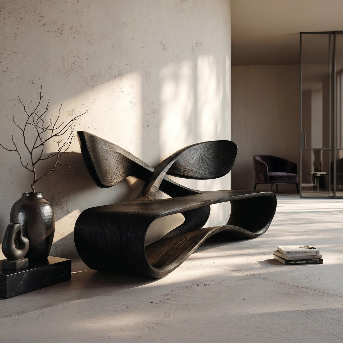 Contemporary Curved Bench With Cross Backrest For Living Room