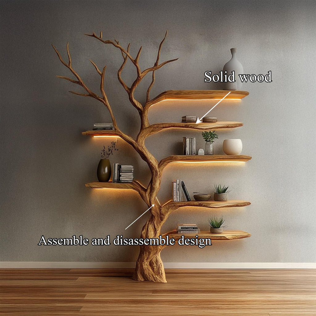 Rustic Organic Tree Bookshelf, Solid Wood Wall Mounted Branch Book Rack & Sculptural Display for Living Room