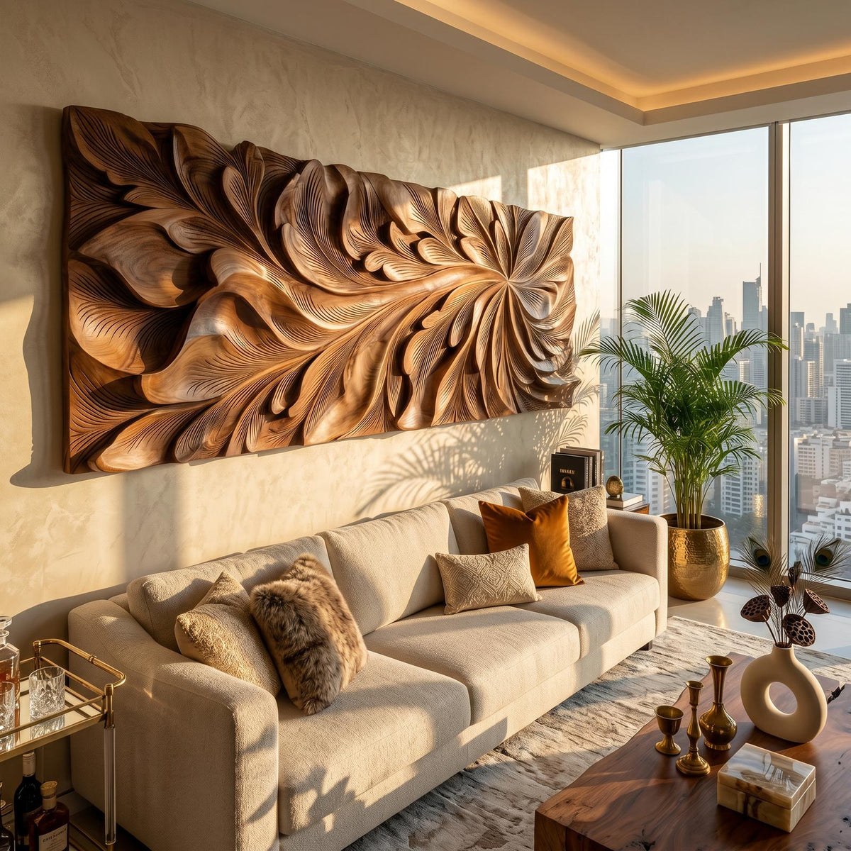 Luxury Wooden Wall Art with Floral Carving, Elegant Carved Wood Wall Panel for Living Room
