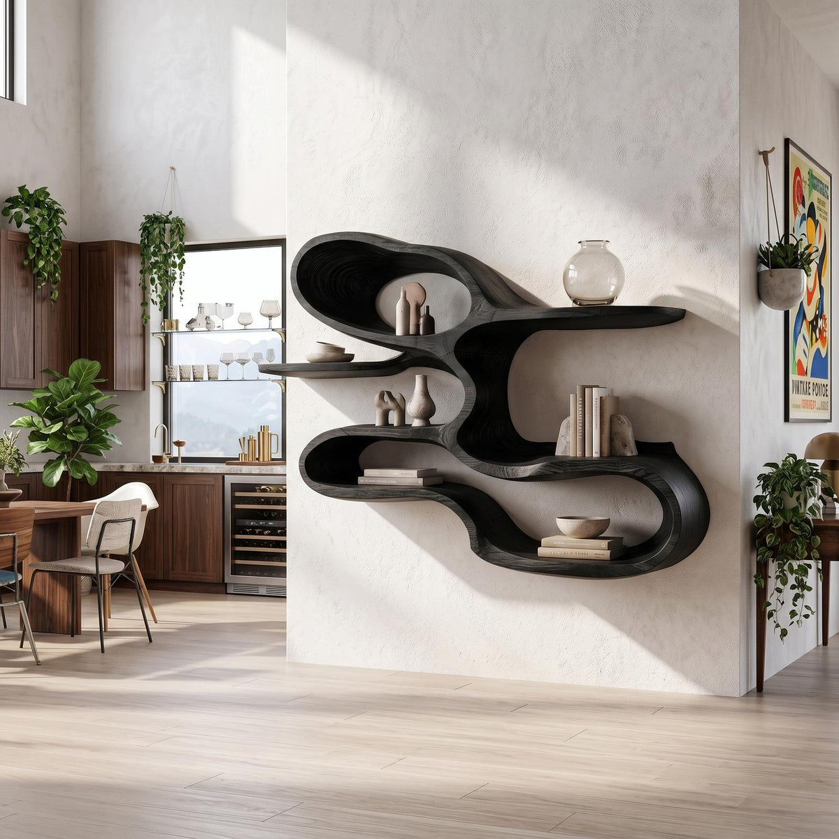 Modern Sculptural Wooden Wall Shelves for Coffee Bar
