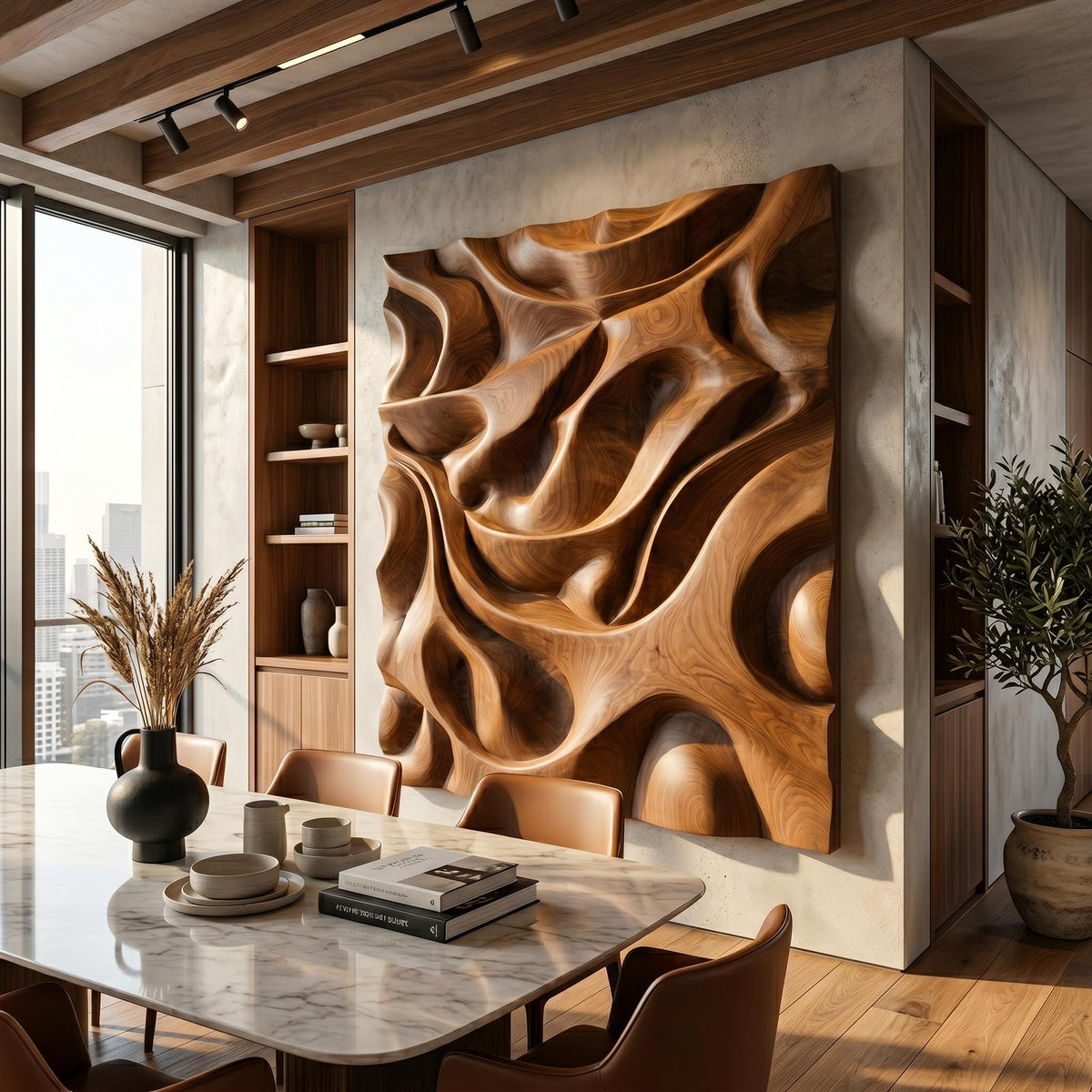 Spry Interior Luxury Sculptural Relief Wood Wall Art, 3D Hand-Carved Solid Wood Abstract Hanging Panel for Executive Office Decor, SILDTTRWA125
